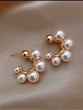 Gold Pearl Cluster Hoop Earrings - Elegant Women Jewelry